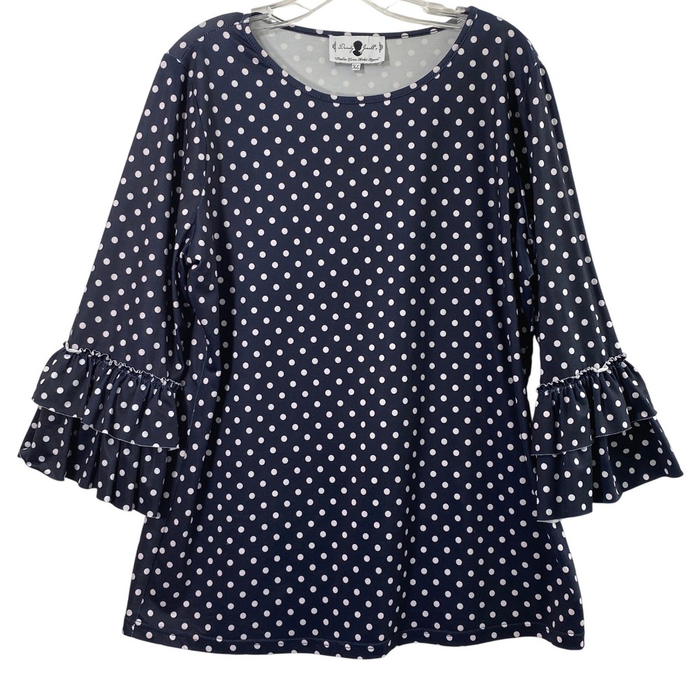 Dainty Jewells Polka Dot Top Women XL Navy White Ruffle‎ Bell Sleeve Boho Blouse